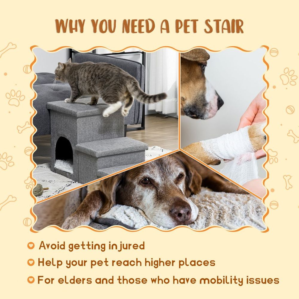 PawHut 3-Step Pet Stairs with Cat House & Storage | Dog Ramp/Steps & Bed/Sofa | Non-Slip, Comfortable & Stylish  Grey