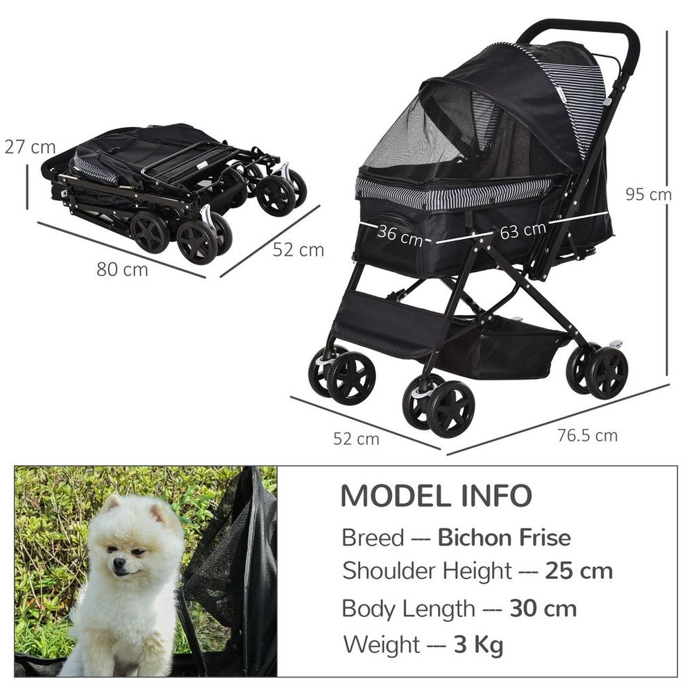 PawHut Pet Stroller with Reversible Handle | Foldable Dog Carriage with Reversible Handle | Black