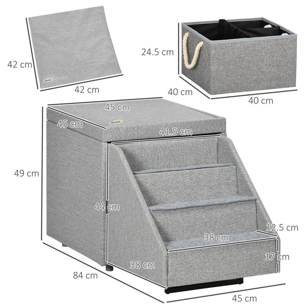 PawHut Dog Steps & Ottoman Storage | Pet Stairs for Small/Medium Dogs & Cats | Grey