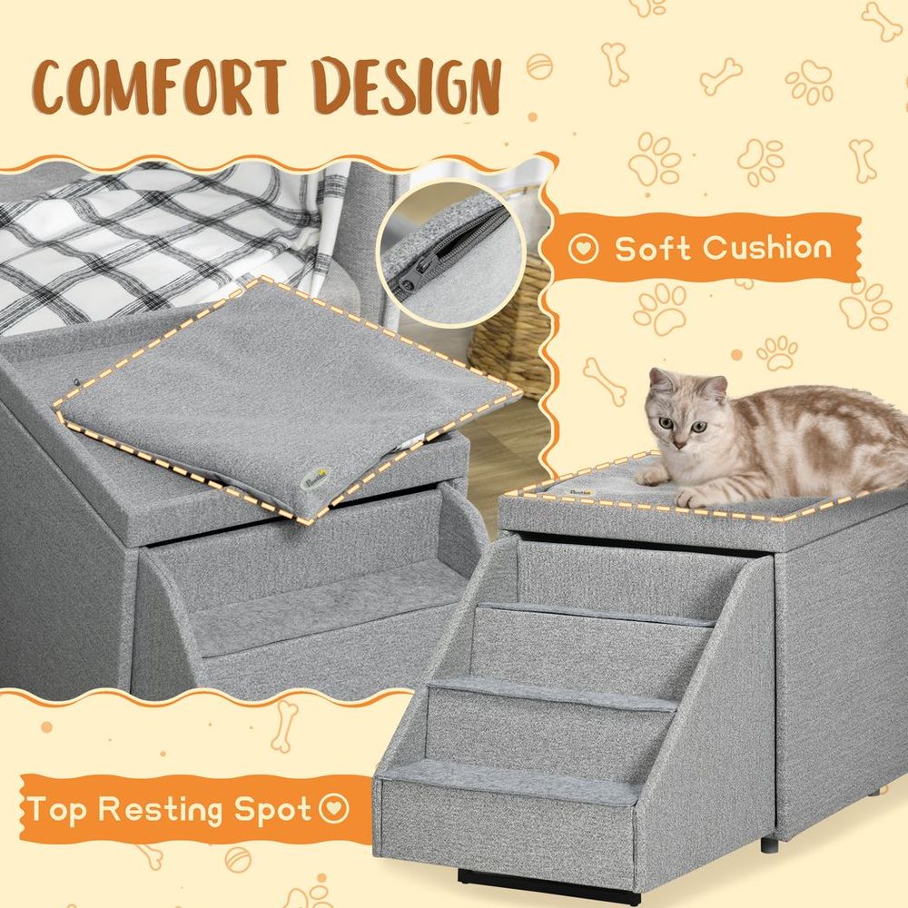 PawHut Dog Steps & Ottoman Storage | Pet Stairs for Small/Medium Dogs & Cats | Grey