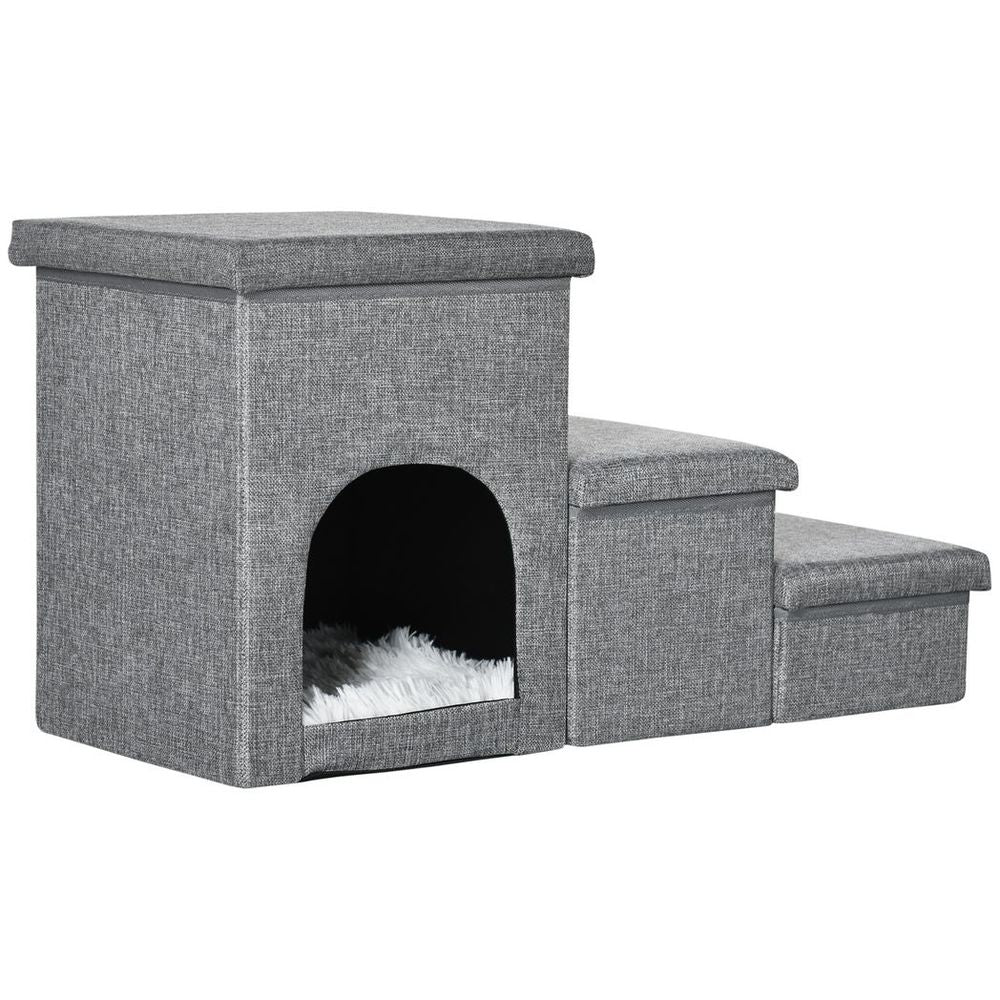 PawHut 3-Step Pet Stairs with Cat House & Storage | Dog Ramp/Steps & Bed/Sofa | Non-Slip, Comfortable & Stylish  Grey