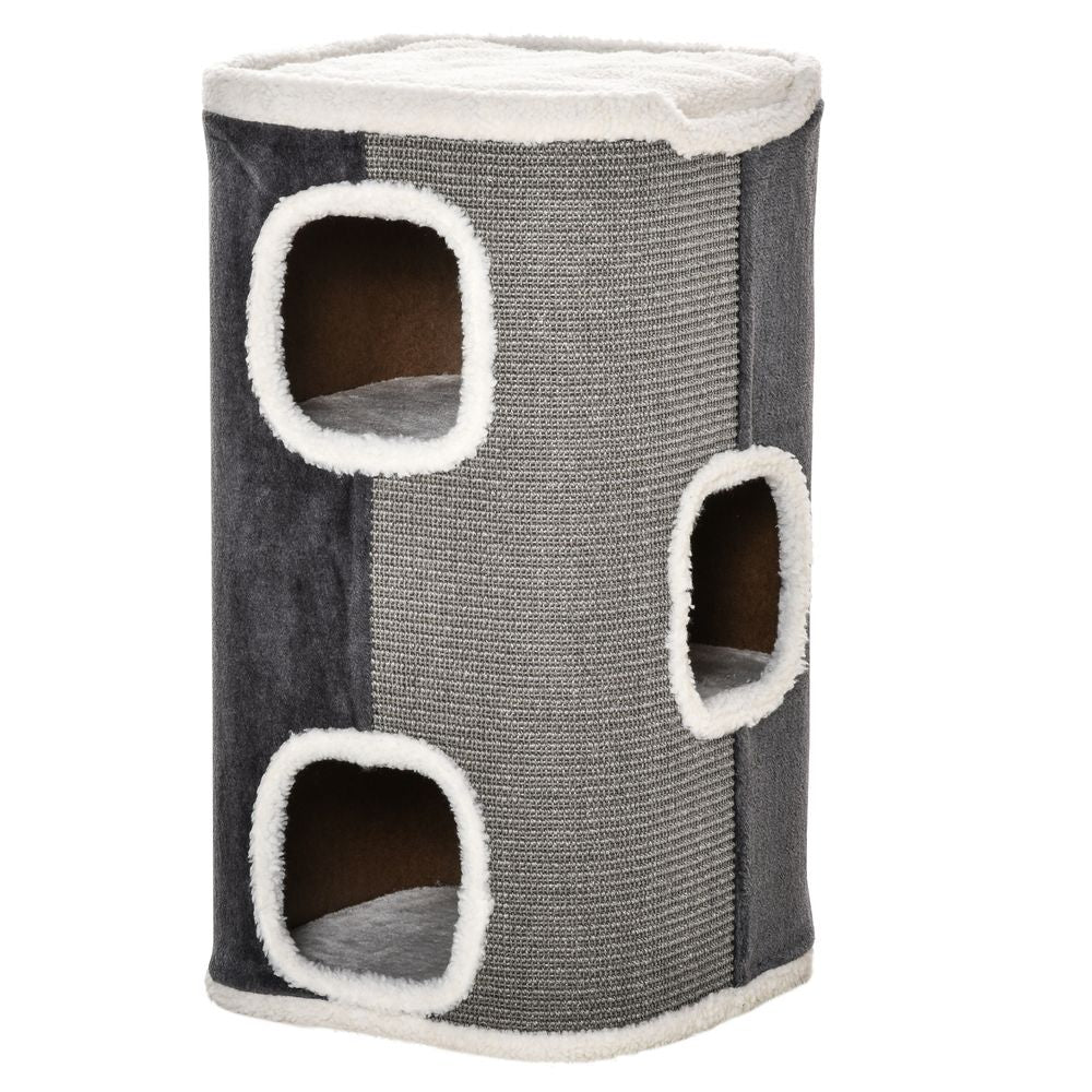 Cat Climbing Frame & Scratching Post | Multi-Level Barrel Tower for Play & Relaxation | Grey & White