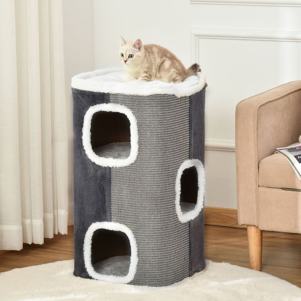 Cat Climbing Frame & Scratching Post | Multi-Level Barrel Tower for Play & Relaxation | Grey & White