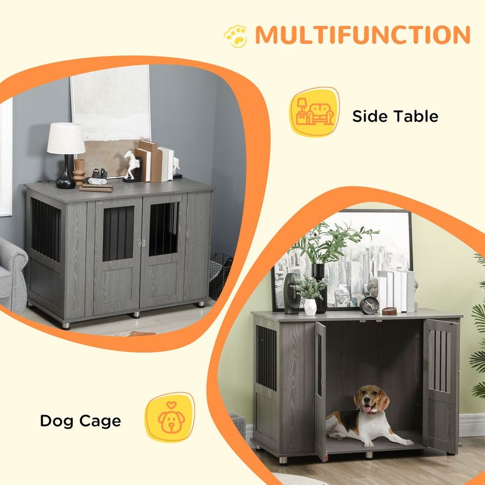 Extra Large Dog Crate Kennel Cage with End Table Design – Indoor Grey Pet Furniture