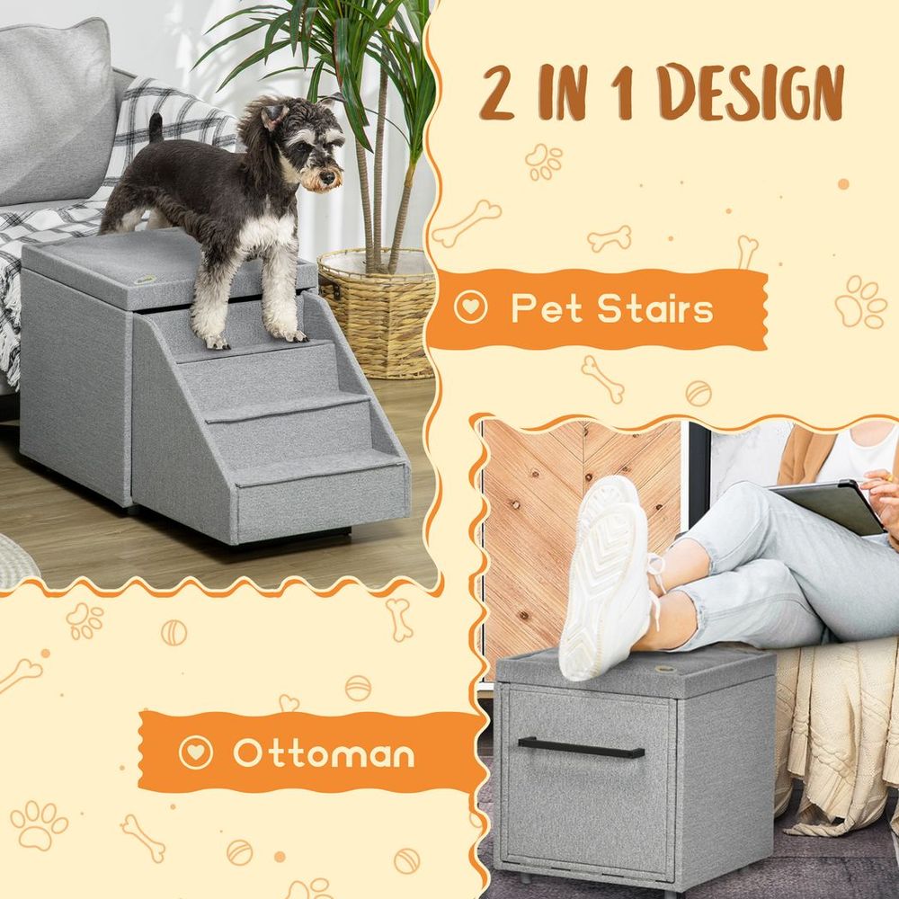 PawHut Dog Steps & Ottoman Storage | Pet Stairs for Small/Medium Dogs & Cats | Grey