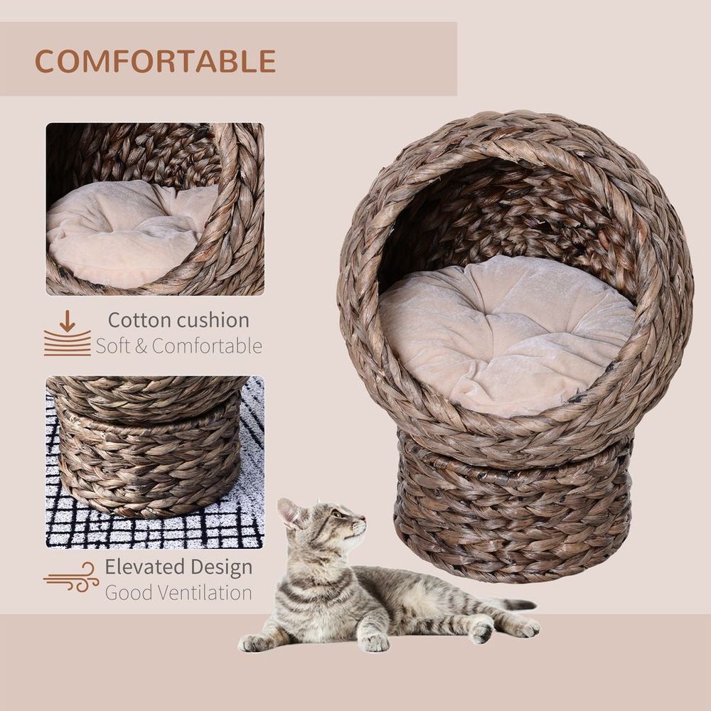 Cozy Wicker Cat House with Raised Base – Handcrafted Water Hyacinth Bed for Small Cats (42 x 33 x 52cm, Brown)