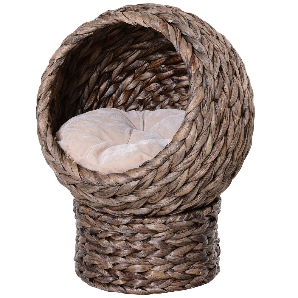 Cozy Wicker Cat House with Raised Base – Handcrafted Water Hyacinth Bed for Small Cats (42 x 33 x 52cm, Brown)