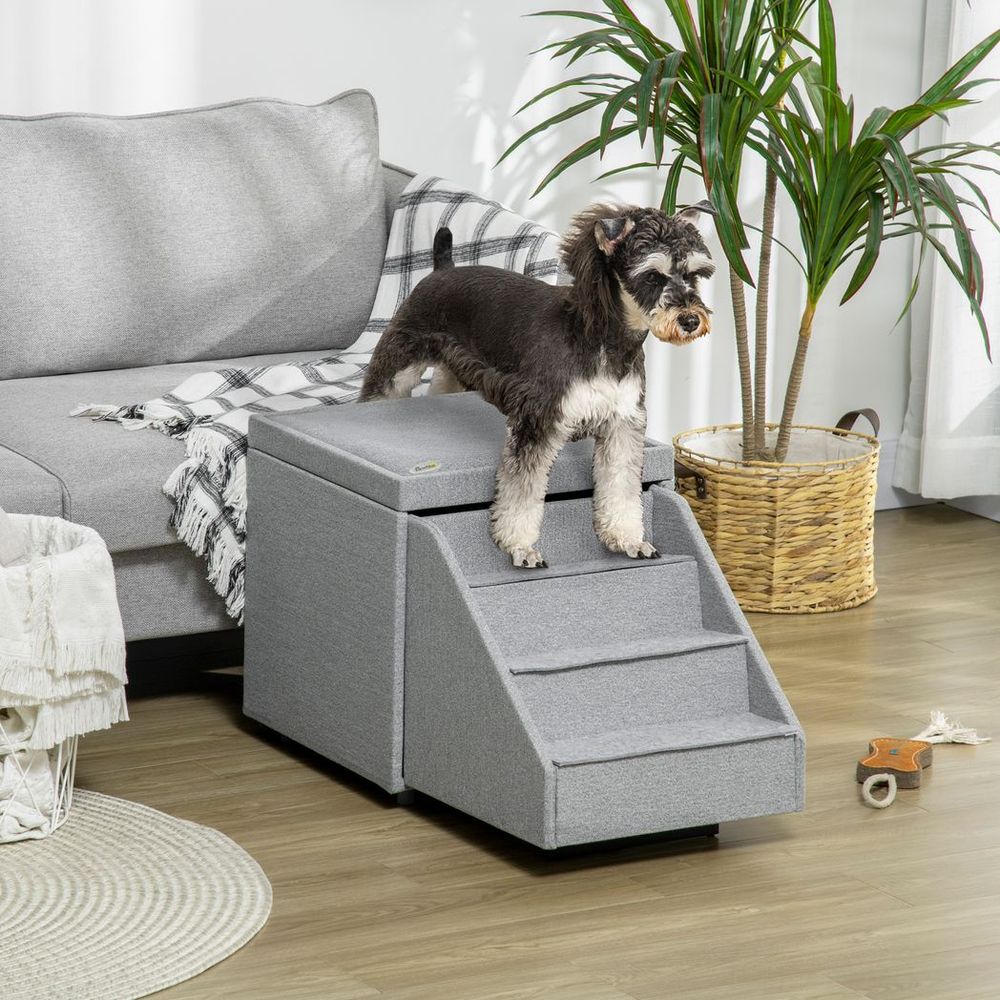 PawHut Dog Steps & Ottoman Storage | Pet Stairs for Small/Medium Dogs & Cats | Grey