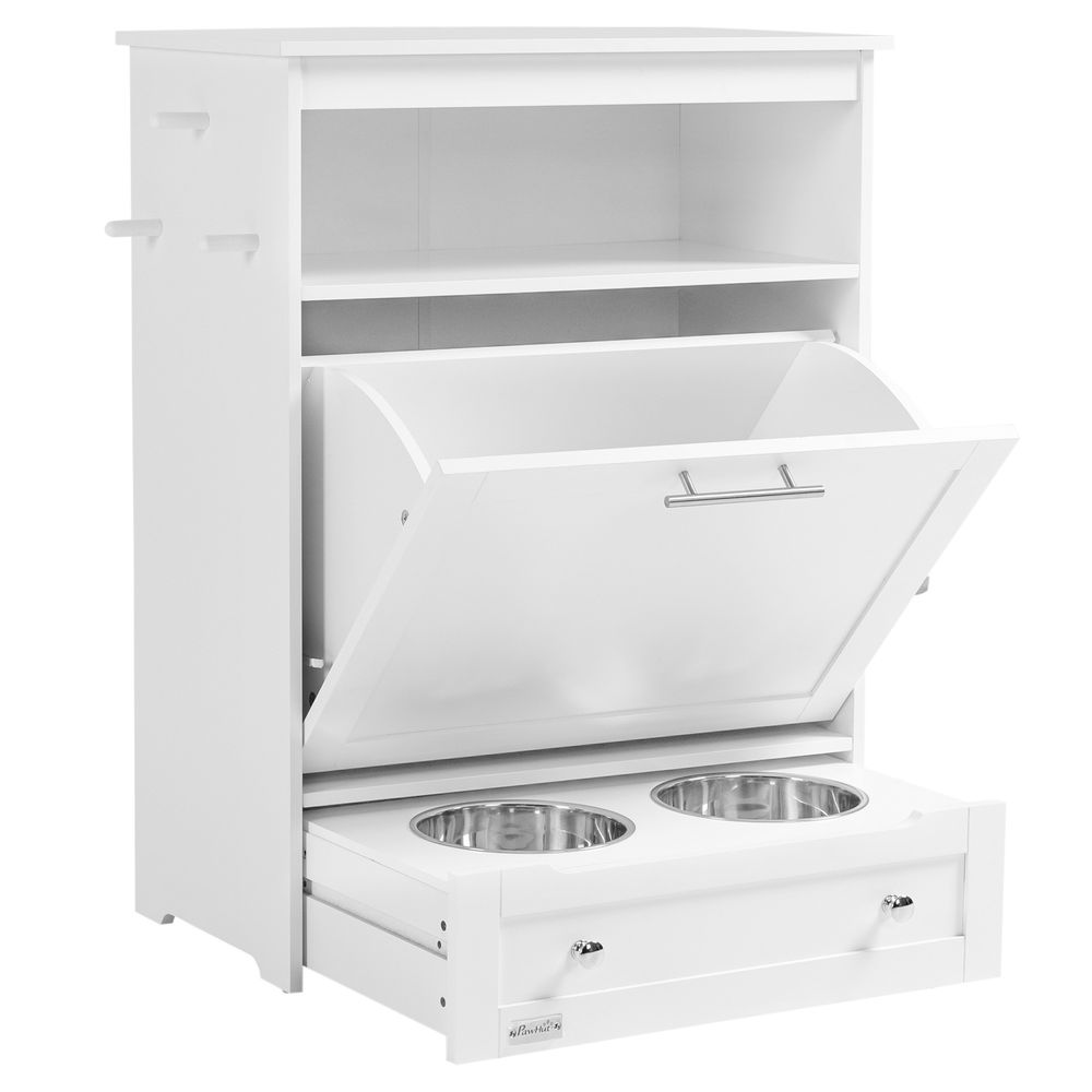 PawHut Pet Feeder Station with Storage | Space-Saving Design | Dog & Cat Food Cabinet | White