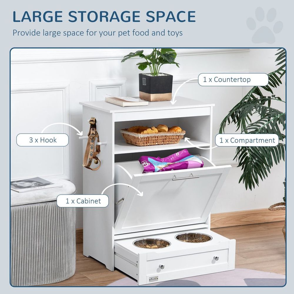 PawHut Pet Feeder Station with Storage | Space-Saving Design | Dog & Cat Food Cabinet | White